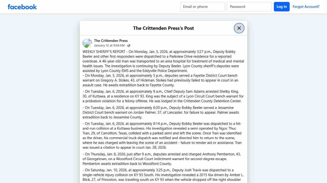 WEEKLY SHERIFF'S REPORT - On... - The Crittenden Press Facebook